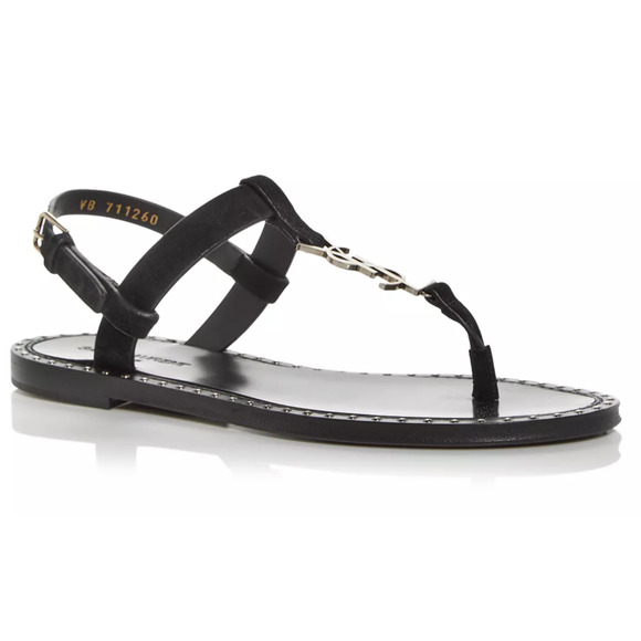 Saint Laurent YSL Logo Iota 05 Black Suede Studded Thong Slide Flat Sandal 35 - Picture 3 of 12